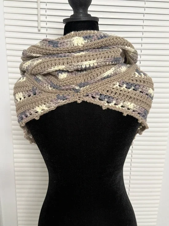 Neutral Taupe Crochet Triangle Shawl with Cream & Gray Stripes - Picture 2 of 5